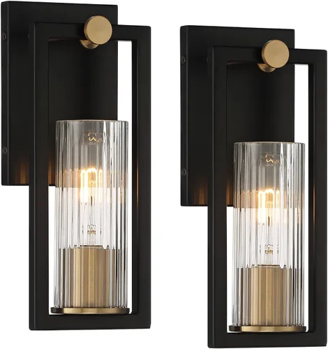 Miniatura 2 de Stiffel Ramos - Juego de 2 apliques de pared industriales modernos de latón cálido negro con cable de 4 1/2 pulgadas, pantalla de vidrio acanalado
