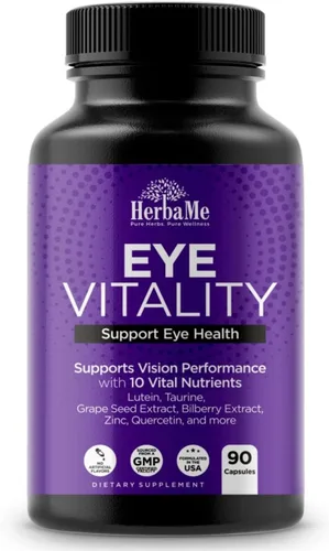 HerbaMe Suplemento de vitaminas para los ojos con luteína, arándano, betacaroteno, L-taurina, zinc y quercetina, 90 cápsulas, apoya la visión, la