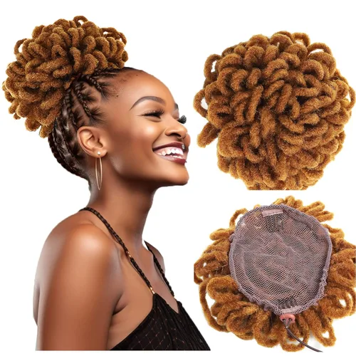 Miniatura 14 de DreadLock Moño Loc Moño de Pétalo Moño Afro High Puff Peluca de Cola de Caballo con Cordón Sintética Locs Falsos Moño de Cabello Cola de Caballo