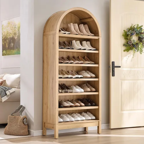 Miniatura 10 de IFGET Armario de almacenamiento de zapatos arqueado de 67 pulgadas de alto, 8 niveles y 8 pares de zapateros de madera con 3 estantes ajustables