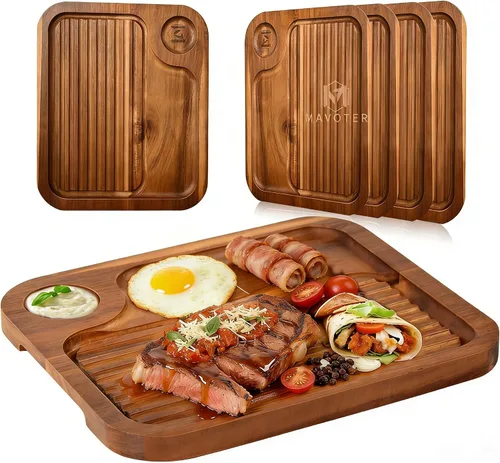 Miniatura 10 de Platos de bistec de madera de acacia, tabla de cortar carnívora para comer, plato de carne tallado de madera, bandeja para servir alimentos, tabla