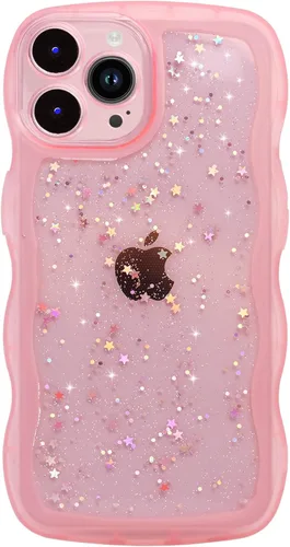 Miniatura 51 de Qokey Funda para iPhone 12 Pro Max de 6.7 pulgadas, diseño de onda rizada, borde transparente, brillante con purpurina, estrella brillante, bonita