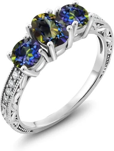 Miniatura 21 de Gem Stone King Anillo de compromiso de 3 piedras preciosas de oro blanco de 10 quilates con piedra natal y diamantes cultivados en laboratorio