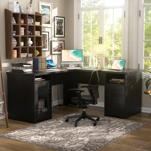 Miniatura 2 de Unikito Escritorio de oficina en forma de L con cajón, escritorio para computadora de 60 pulgadas con toma de corriente y puerto de carga USB, Negro