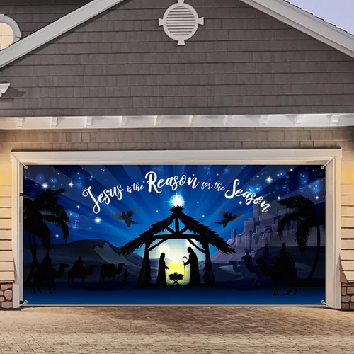 Miniatura 4 de Qeeenar Decoraciones Navideñas para Puerta de Garaje Establo de la Natividad Cubierta de Puerta de Garaje 6 x 13 pies Pesebre para Escena