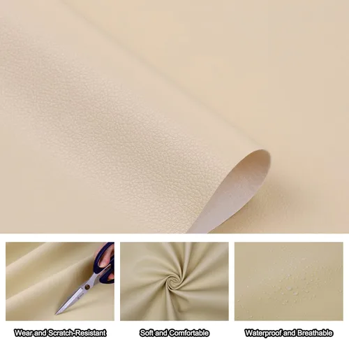 Miniatura 2 de Butarfe Hoja de piel sintética de 2 yardas, 54 x 72 pulgadas, vinilo para tapicería de 1.0mm de grosor, piel sintética suave de PU, beige, Lichee
