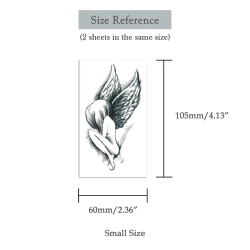 Miniatura 5 de Juego de 2 calcomanías de tatuaje temporales pequeñas, diseño de ángel negro oscuro para mano, cuello, cara, muñeca, impermeable, arte corporal