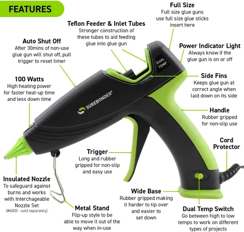Miniatura 3 de Surebonder Pistola de Pegamento Caliente y Barras de Pegamento, Pistola de Pegamento Caliente de Tamaño Completo de 100W de Doble Temperatura con 20