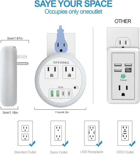 Miniatura 3 de Luces LED nocturnas enchufables a la pared, luz nocturna enchufable con 4 puertos USB y 2 tomacorrientes, sensor inteligente de atardecer a