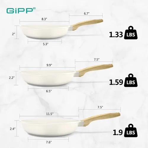 Miniatura 2 de GiPP Juego de sartenes antiadherentes, sartén antiadherente de granito de 8, 9.5 y 11 pulgadas, sartenes no tóxicas para cocinar, sartén para Blanco