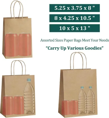 Miniatura 2 de SHOPDAY 45 bolsas de papel marrón con asas, bolsas de regalo de varios tamaños, bolsas de papel kraft a granel 5x3x8 y 8x4x10.5 y 10x5x13, 15