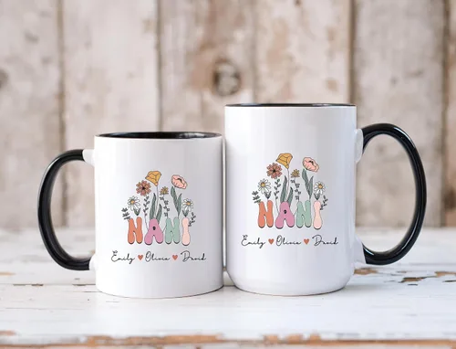 Taza Nani con nombres de nietos, taza personalizada de Nani, taza de Nani personalizada, taza con nombre floral, regalo de nani, taza de flores