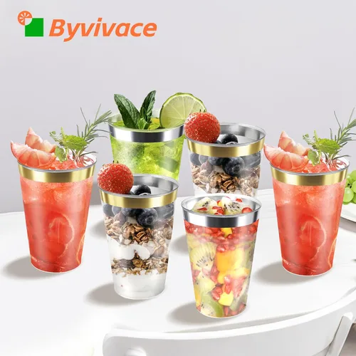 Miniatura 4 de Byvivace Vasos de plástico transparente de 12 onzas con borde dorado, resistentes y aptos para alimentos, desechables, copas de vino, copas de boda