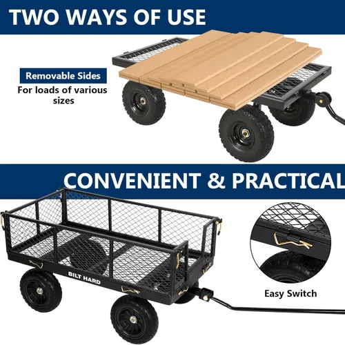 Miniatura 3 de BILT HARD - Carretilla de jardín resistente con ruedas planas libres de 10" y lados extraíbles, con asa giratoria de 180°, 4 pies cúbicos, capacidad