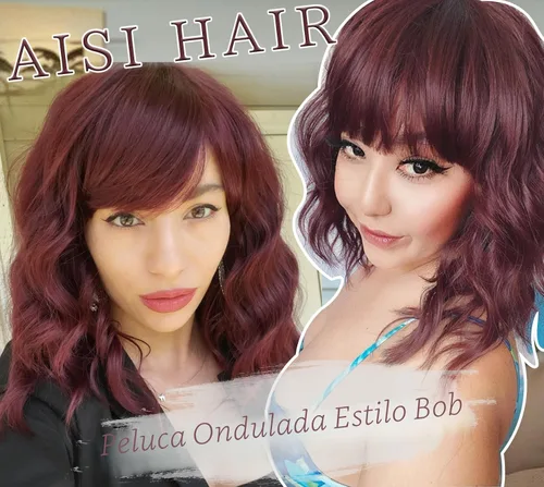 Miniatura 4 de AISI HAIR Peluca rizada estilo Bob con flequillo, pelucas cortas onduladas de color rojo vino para mujer, estilo Bob, pelucas sintéticas resistentes