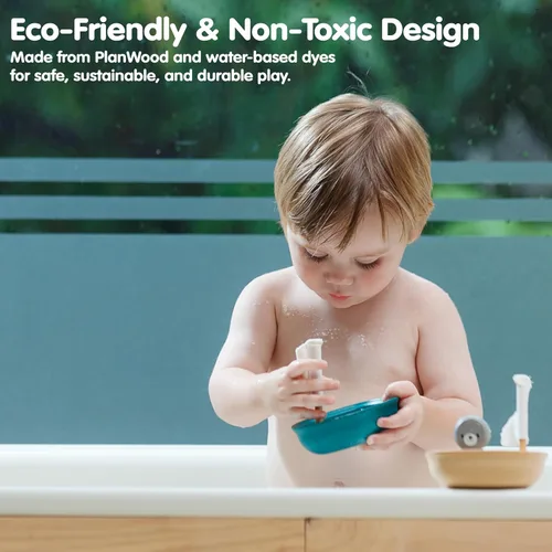 Miniatura 7 de PlanToys® Juguete de barco de vela de madera con sello Juguete de agua para el baño para juego flotante, imaginación y exploración sensorial suave
