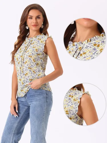 Miniatura 2 de Allegra K Blusa sin mangas para mujer, con volantes, para oficina, negocios, estilo vintage de los años 50, blusas florales