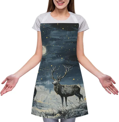 Miniatura 3 de MUSM Apron for Adults - 27.6 X 31.5 Inch, Heavy-Duty Polyester Aprons with Two Large Pockets, Waterproof Painting Under Moonlight Kitchen Apron for
