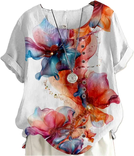 Miniatura 6 de domirica Camisetas de verano para mujer 2024 con estampado de flores, algodón, lino, manga corta, cuello redondo, camisas casuales de moda