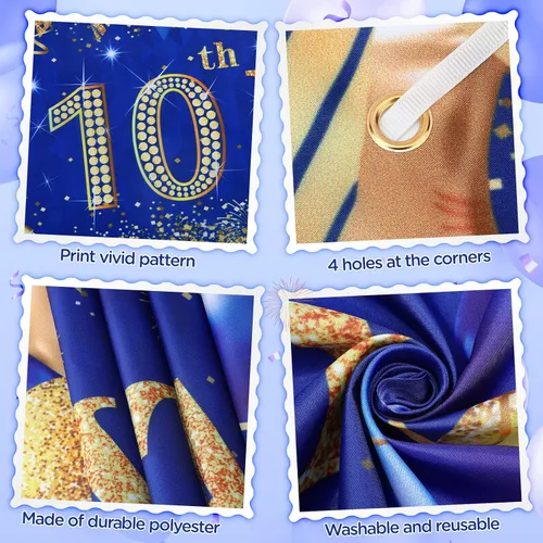 Miniatura 5 de Decoraciones de cumpleaños número 10 para niños pequeños, niños y niñas, azul marino y dorado, pancarta de fiesta de feliz cumpleaños de 18 piezas
