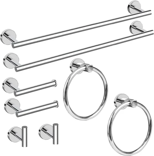 Cilee Juego de 8 piezas de accesorios de baño de cromo pulido, barra de toalla de baño de 24 pulgadas, anillo de toalla, soporte para papel