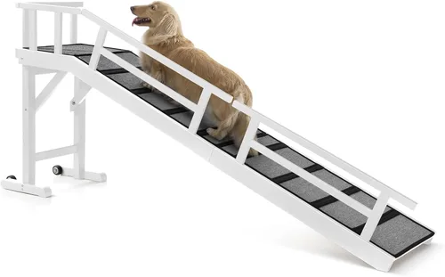 Miniatura 18 de Rampa para perros para cama o sofá, rampa de madera para mascotas con pendiente suave de 20°, rieles laterales extraíbles, superficie