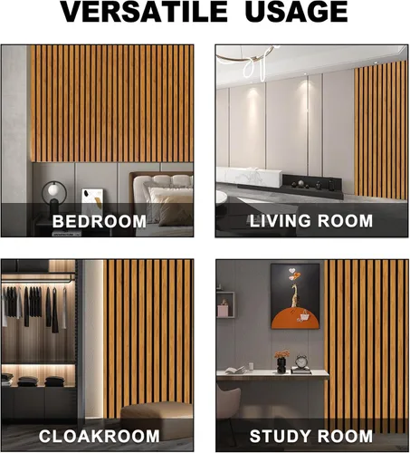 Miniatura 6 de Gaahing Paquete de 2 paneles de pared con acabado de madera, paneles acústicos de listones 3D para estudio de grabación, oficina, decoración Nogal