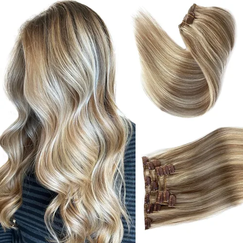 Miniatura 20 de Extensiones de cabello con clip sin costuras de cabello humano real, extensiones de cabello natural negro real con clip 7 piezas 100 g 36 cm