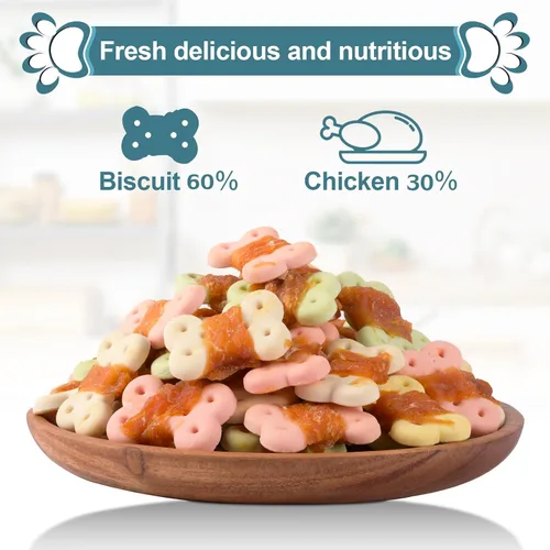 Miniatura 3 de Golosinas envueltas en pollo para perros, masticables sin cuero crudo, 8 onzas 30% real poultry; 60% baked core; 15% protein; easily digestible