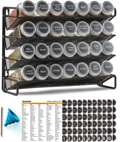 SpaceAid Organizador de especias con 28 tarros de especias, 386 etiquetas de especias, marcador de tiza y juego de embudo para armario, encimera,