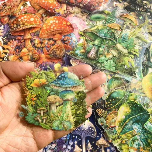 Miniatura 4 de 60 calcomanías holográficas de hongos para álbumes de recortes, calcomanías estéticas transparentes de Fairycore con brillo de fantasía, calcomanías
