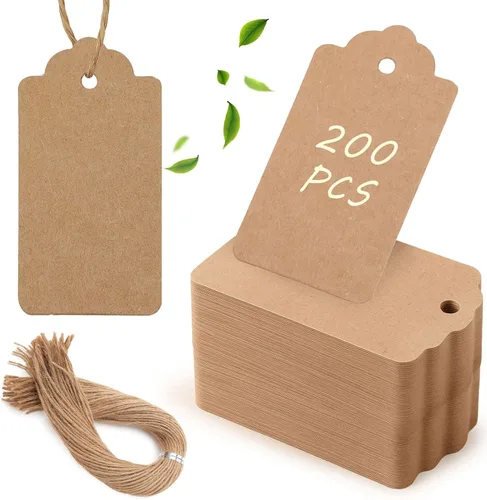 100 etiquetas de regalo de papel kraft con cuerda de yute natural de 100 raíces (rizo de agua). Corrugado