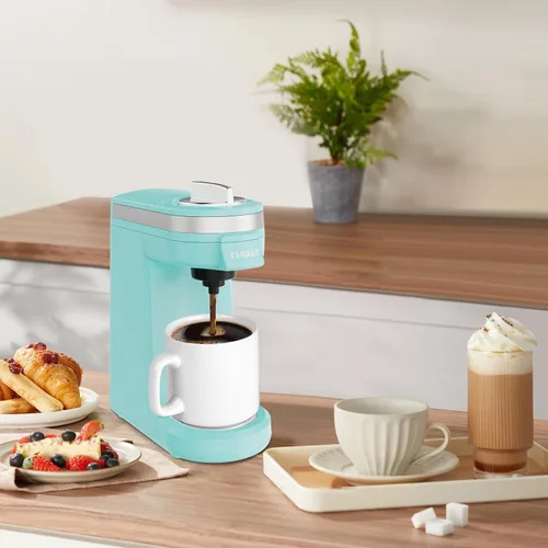 Miniatura 8 de CHULUX Mini cafetera para cápsulas K, cafetera de una sola porción para una taza americana, máquina de café ligera en cápsulas, aguamarina