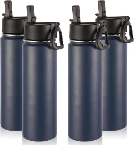 Miniatura 34 de Volhoply Botellas de agua aisladas con popote a granel, paquete de 4, botella deportiva de acero inoxidable de 22 onzas con tapa, vasos de agua