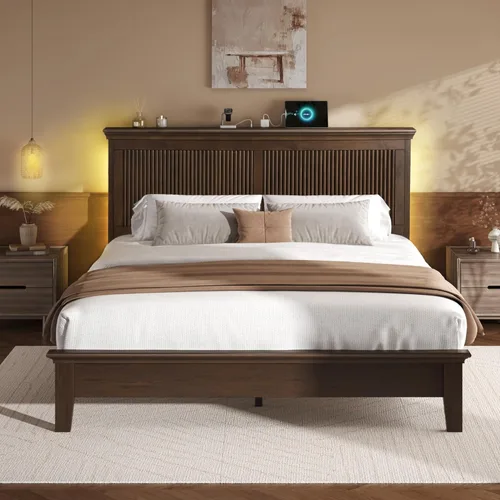 Miniatura 8 de Lifezone Cama Queen de madera, cama de madera maciza con cabecera alta, diseño vintage americano, cama Queen con estación de carga y LED RGB, Nogal