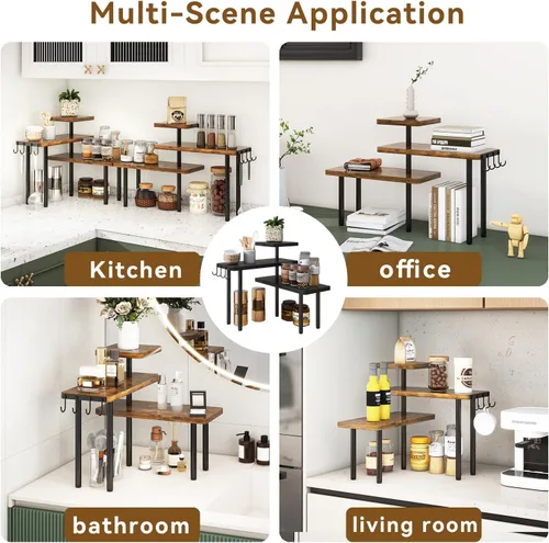 Miniatura 7 de IBUYKE Organizador de Encimera, Estantes de Especias de 3 Niveles, Estante de Esquina para Mostrador de Cocina, 4 Ganchos Laterales, Estante Marrón