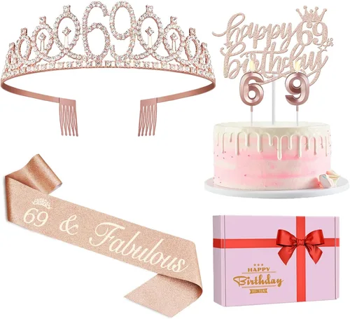 Miniatura 59 de Decoraciones de cumpleaños de 24 años para mujeres, incluyendo banda de cumpleaños, tiara/corona, velas numéricas y decoración de pastel, regalos