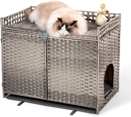 Furriends Caja de arena para gatos con 2 alfombrillas, muebles ocultos de ratán tejido a mano, grande, 30.3 pulgadas de largo x 18.2 pulgadas de