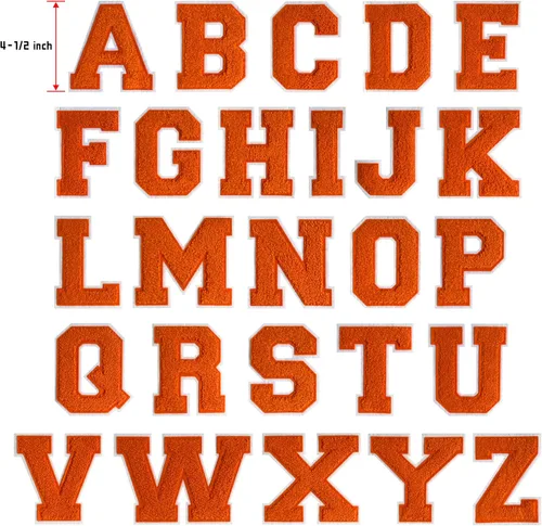 Miniatura 5 de Parche de letras de felpilla naranja de 4.5 pulgadas, alfabeto universitario para planchar y coser para chaquetas, sudaderas, camisetas, jeans