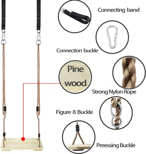 Miniatura 7 de KINSPORY - Juego de columpios para exteriores, cuerda de nailon ajustable con correas para colgar en el árbol, asiento de columpio de madera