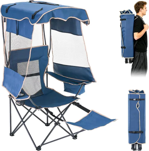 Miniatura 15 de ABORON Silla de camping con toldo, silla de playa plegable con sombra, silla portátil para exteriores con portavasos y bolsa refrigeradora