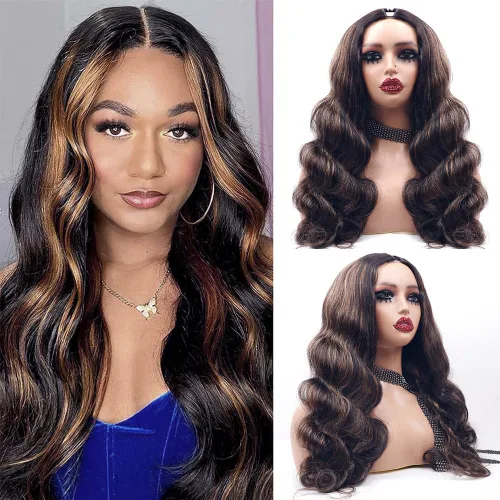 Miniatura 14 de Pelucas con camino en V ondulada de cabello humano virgen brasileño para mujeres negras; mejora de pelucas con camino en U, sin pegamento, con clip