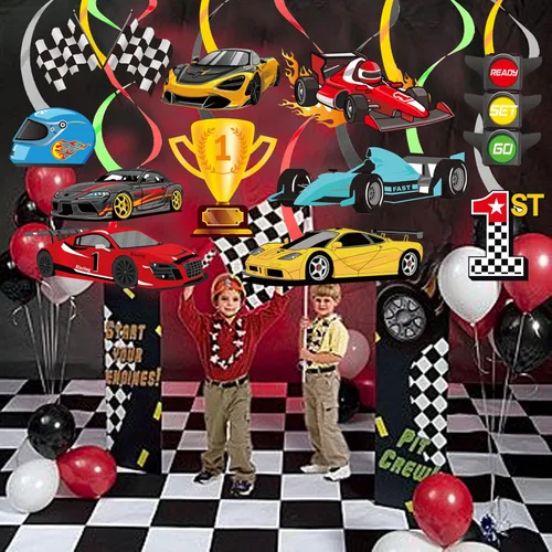 Miniatura 5 de 20 piezas de decoración de remolinos colgantes de autos de carreras, decoraciones de fiesta de cumpleaños, banderas a cuadros, remolinos
