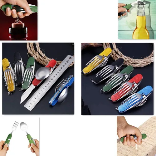 Miniatura 5 de Juego de cubiertos multifunción 6 en 1 para acampar, cuchara desmontable, tenedor, cuchillo, kit combinado con bolsa de transporte