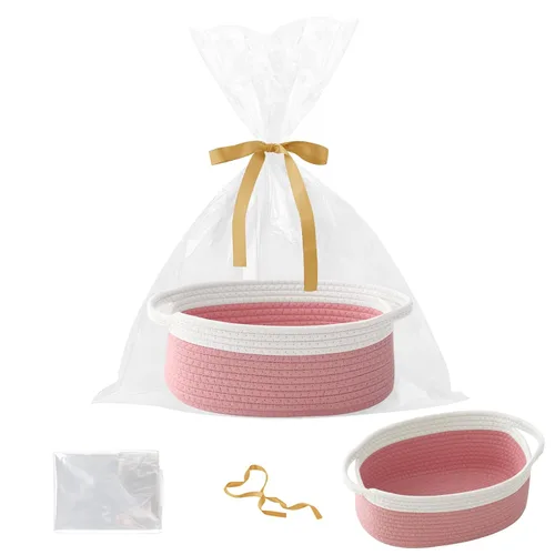 Miniatura 34 de Paquete de 2 canastas pequeñas de cuerda tejida, cesta de regalo vacía con bolsa y cintas, bonita caja organizadora con asa para cumpleaños/baby