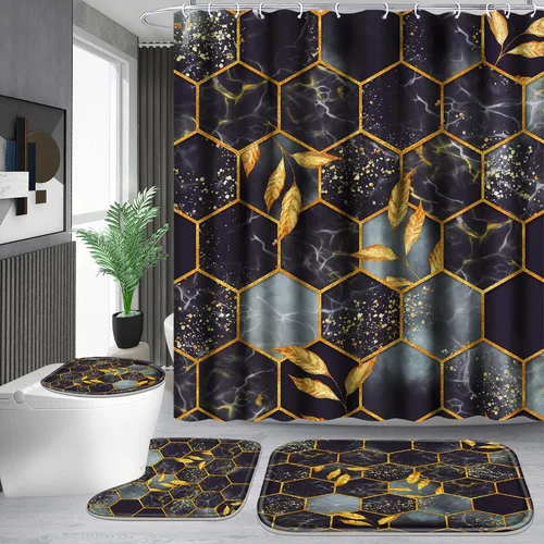 Miniatura 9 de Poedist Juego de 4 cortinas de ducha de baño, juegos de baño con alfombras (tapete de baño, forma de U y tapa de inodoro) y 12 ganchos, mármol