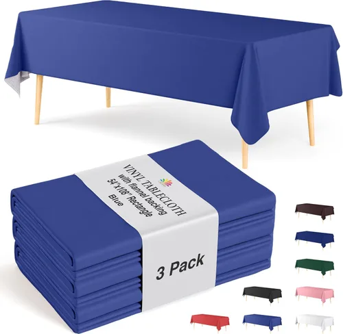 Miniatura 31 de Exquisite Manteles de vinilo azul de 54 x 70 pulgadas - Paquete de 3 manteles rectangulares con reverso de franela, plástico, reutilizable e