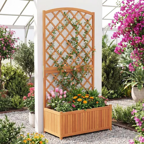 S AFSTAR Cama de jardín elevada de madera con enrejado, maceta de 63 pulgadas de alto con drenaje para plantas trepadoras, flores, hierbas, maceta