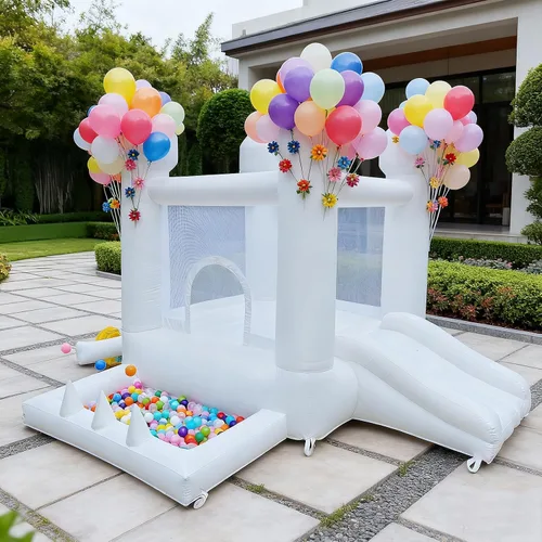 Miniatura 5 de Casa de Rebote Blanca, Casa de Rebote para Interiores y Exteriores, Casa de Rebote Inflable con Pozo de Pelotas y Tobogán, Casa de Rebote para Niños