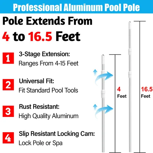 Miniatura 2 de YEECHUN Poste de piscina profesional de 16.5 pies telescópico de aluminio resistente, longitud ajustable de 6.5 a 16.5 pies, poste universal